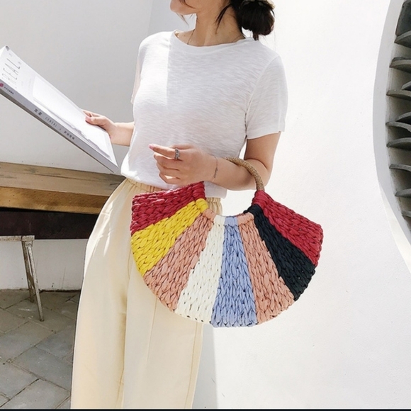 None Handbags - SALE Hand Woven Crochet Straw Rattan Boho Shoulder Tote Bag Circle Multi Colors